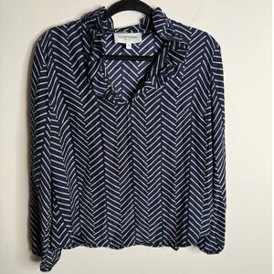 Elizabeth McKay Women's 8 Navy White Silk Chevron Print Long Sleeve Blouse Chic